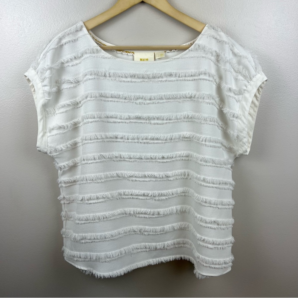 Maeve Anthropologie Barton Blouse Size 14 Striped Ivory Fringe Short Sleeve Top